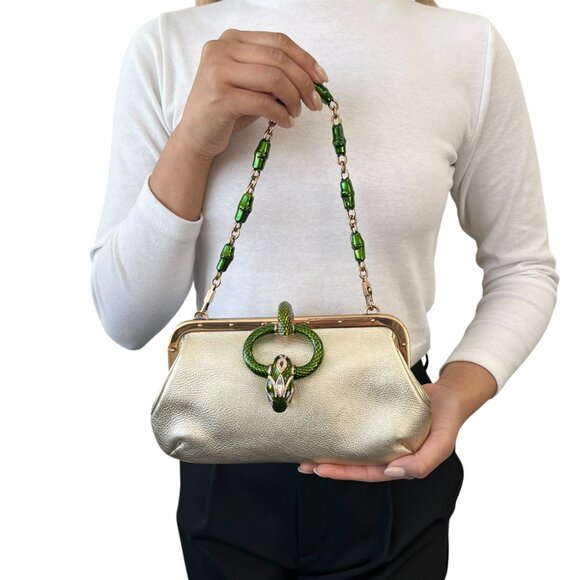 GUCCI Vintage 2004 Bamboo Chain Shoulder Bag Rhinestone Snake Gold [106051] - Picture 2 of 12